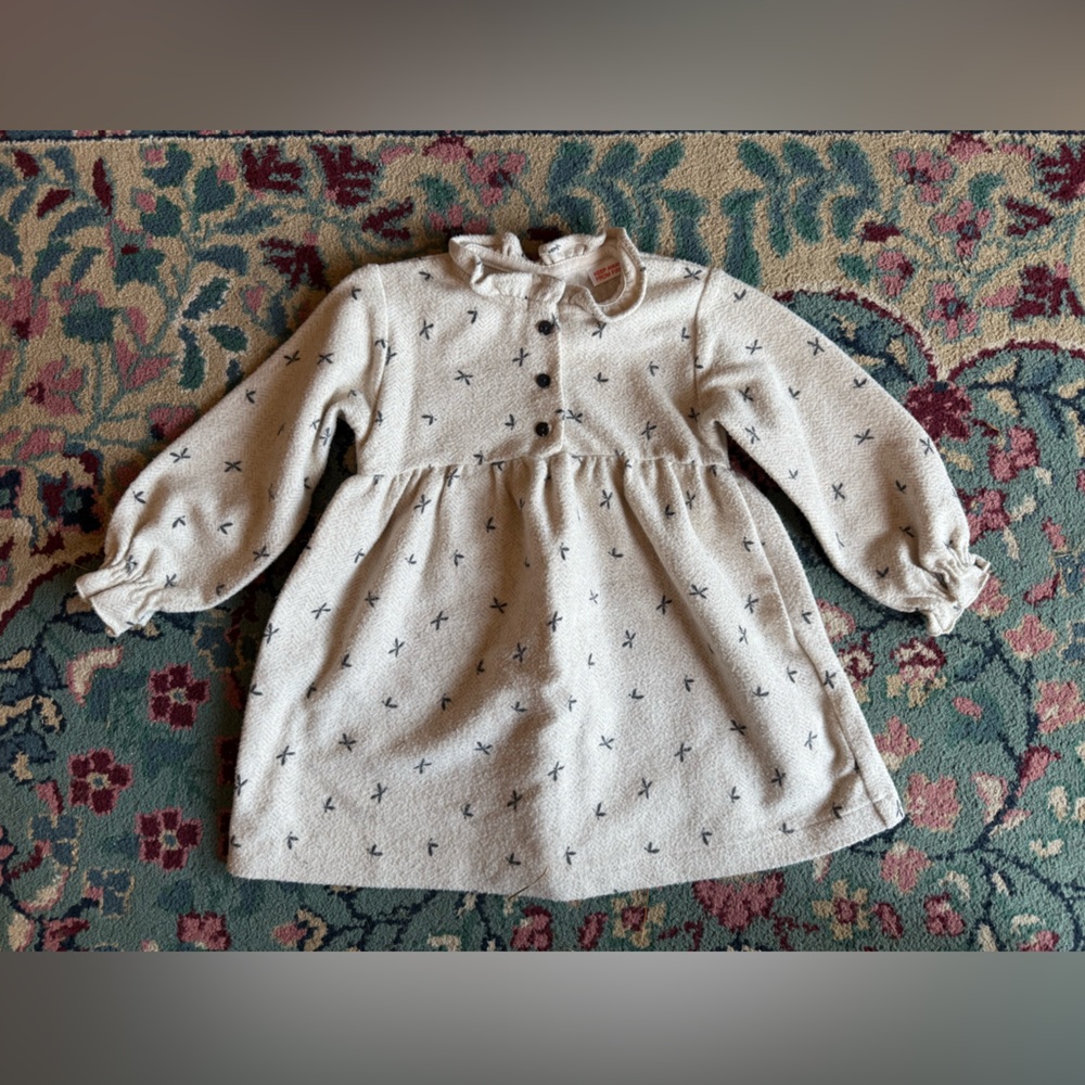 Zara Cream Long-Sleeve Dress with Black Pattern